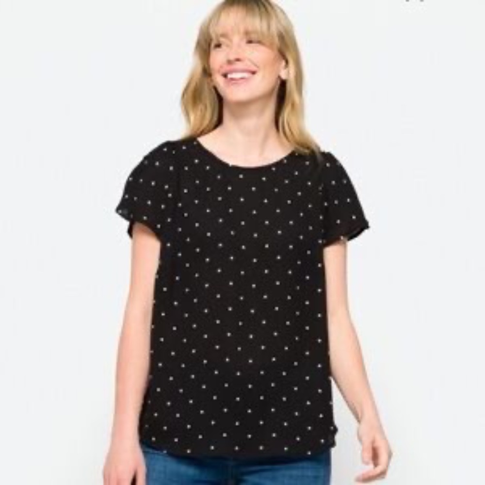 CeCe Sportswear Black White Polka Dot Flutter Sleeve Blouse Large
